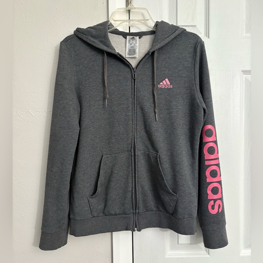 Adidas Charcoal Hoodie with Pink Emblem